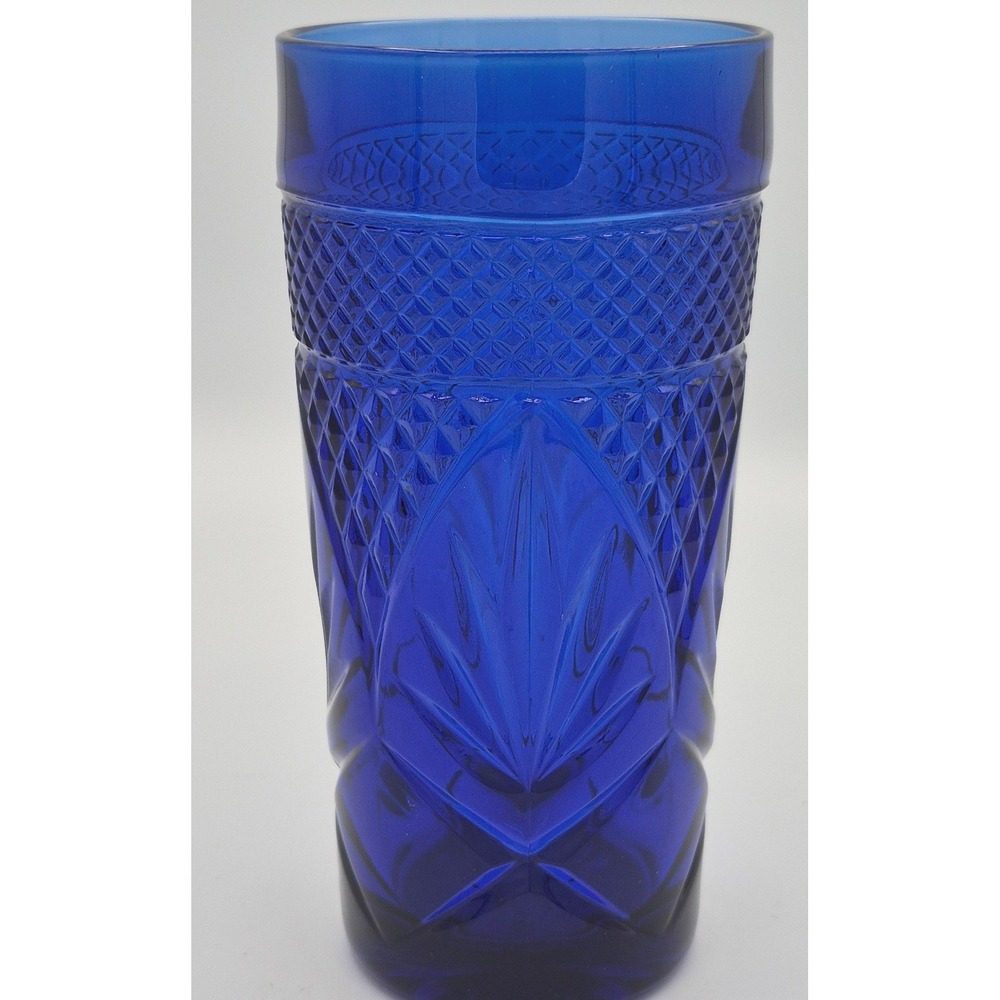 Vintage Cobalt Blue Glass Tumbler Diamond Point Fan Pattern Drinking Glass 6.5in